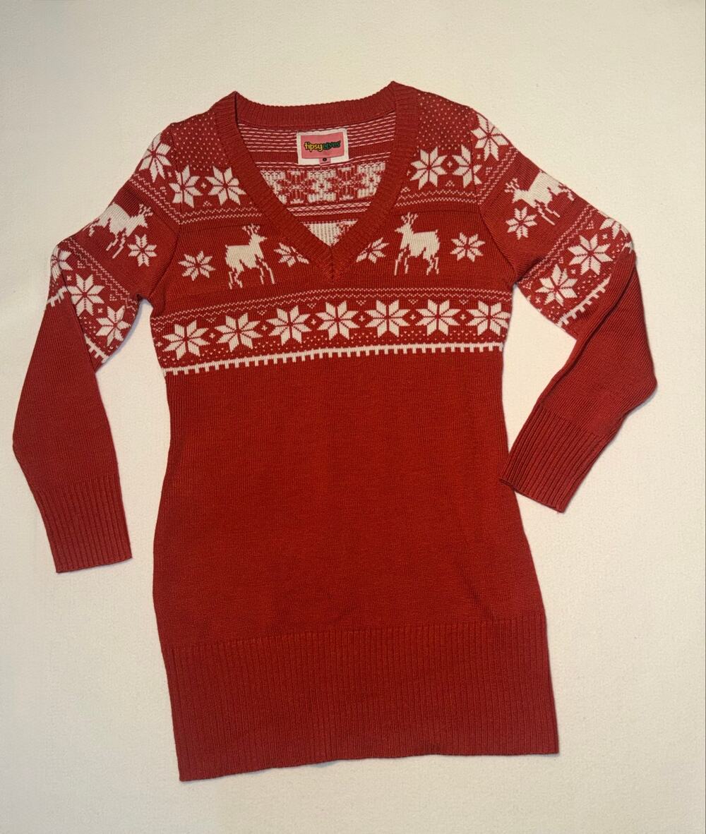 Tipsyelves women’s red & white reindeer dress